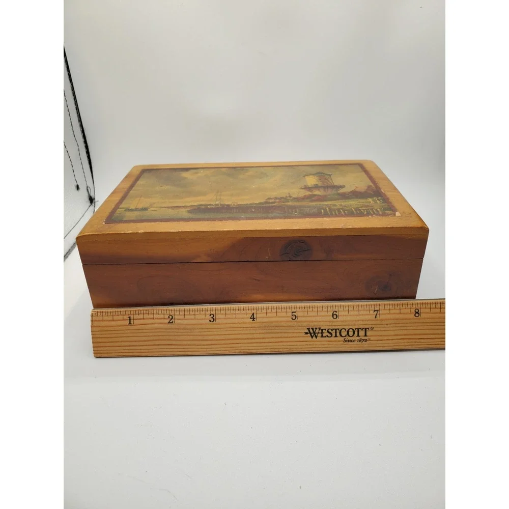 Vintage Wooden Jewelry Trinket Box Hinged Overlay 9 x 5 Inches Footed Holland